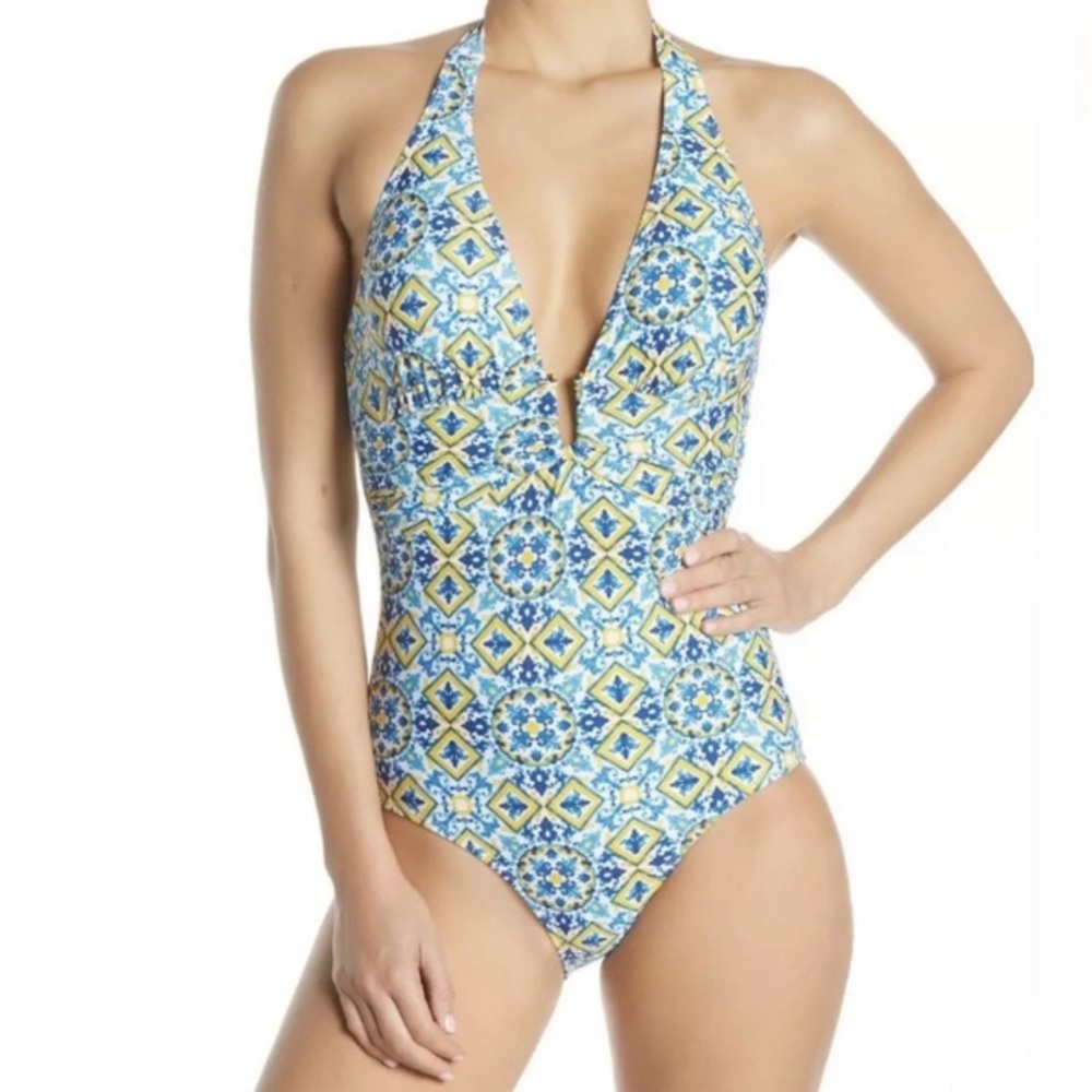 Nicole Miller Blue and Yellow Grecian Tile One Piece Swimsuit Size 12